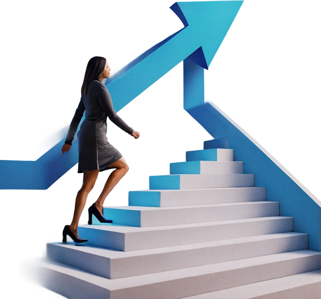 A person climbing a staircase with a bright blue upward arrow in the background, viewed from the side